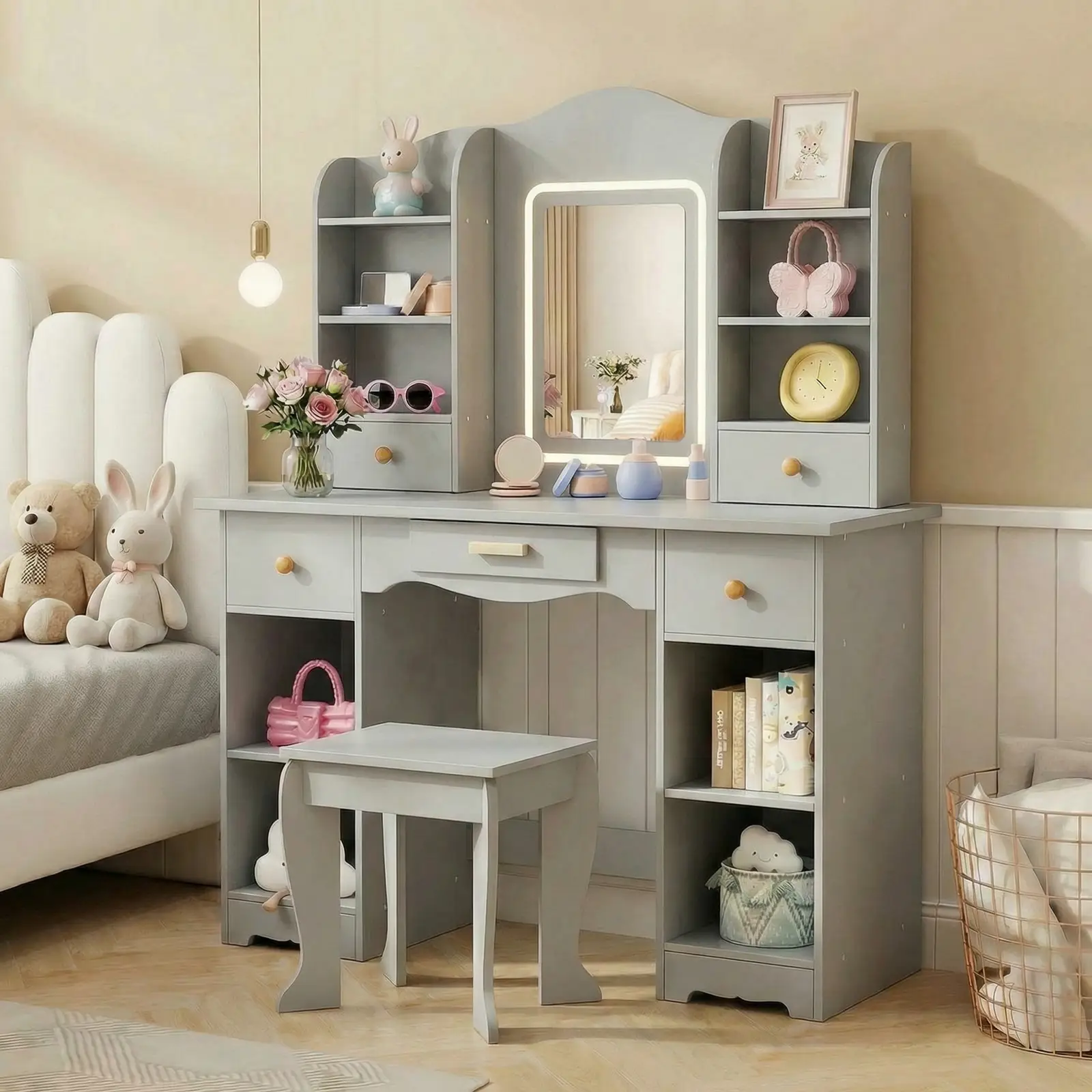 Pirecart Kids Vanity with 3 Color Lights, Girls Vanity Set with Mirror, Storage Drawer, Pretend Play Makeup Desk, with Detachable shelf, Gray