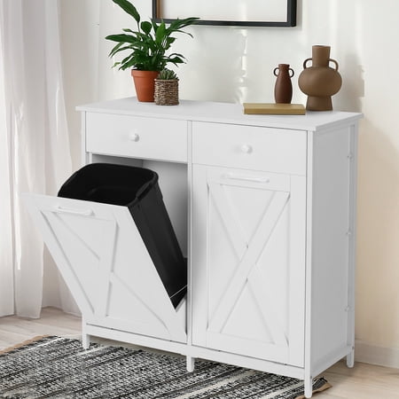 Pirecart Kitchen Double Tilt Out Trash Can Cabinet, 20 Gallons Wooden Laundry Sorter Cabinet with Drawer, White