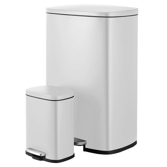 Pirecart Kitchen Trash Can, 13.2 gal +1.3 gal Rectangular Step Garbage Can Stainless Steel, White