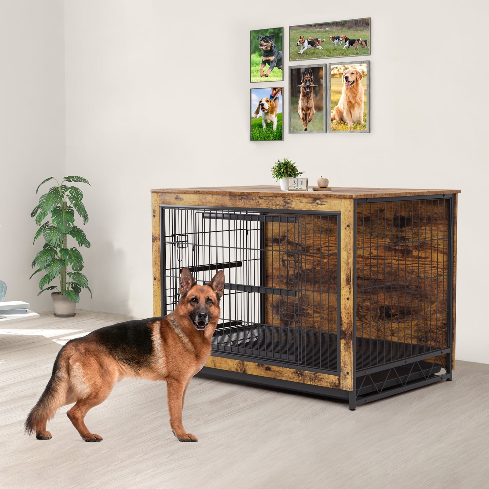 Pirecart Large Dog Crate Furniture Pet Cage Dog Kennel End Table with Double Door, Removable Tray