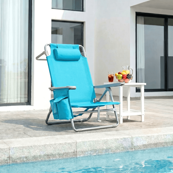Pirecart Low Backpack Beach Chair, Wide 25" Foldable Beach Chair with 5-Position Lay Flat & Headrest, Storage Bag, Cooler Pouch,Towel Bar, Sky Blue