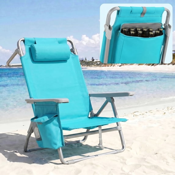 Pirecart Low Backpack Beach Chair, Wide 25" Foldable Beach Chair with 5-Position Lay Flat & Headrest, Storage Bag, Cooler Pouch,Towel Bar, Sky Blue