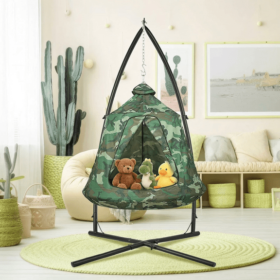 Pirecart Metal Hanging Hammock C-Stand with LED Lights, Hanging Tree Tent for Indoor Outdoor, 330lbs, Camouflage