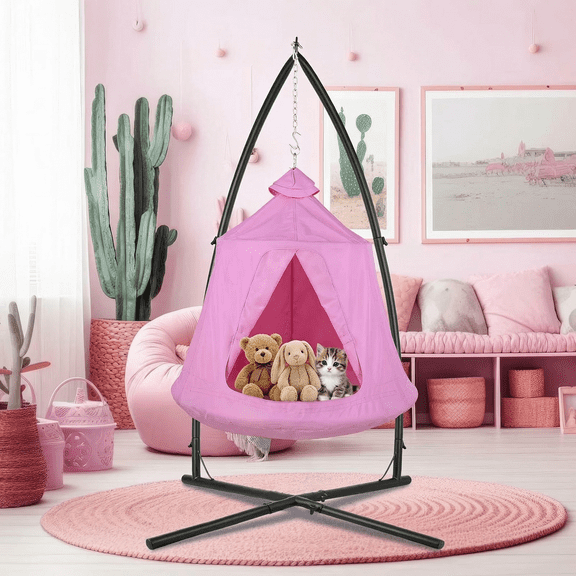 Pirecart Metal Hanging Hammock C-Stand with Porch Swing Chair for Indoor Outdoor, 330 lbs, Pink