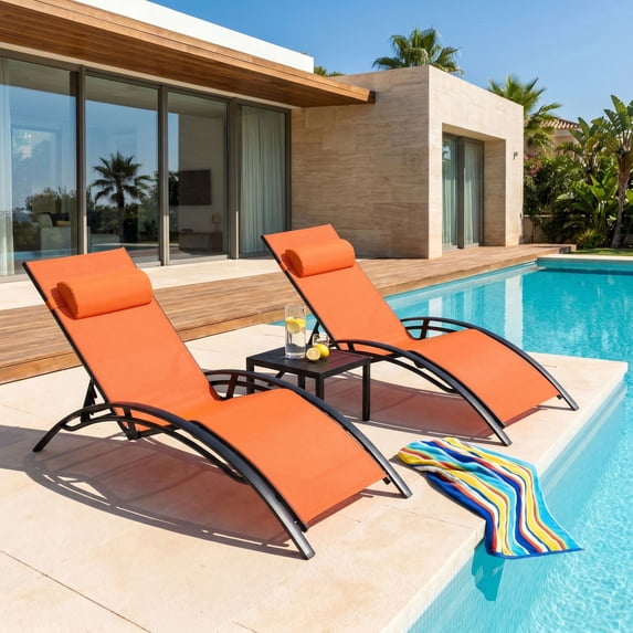 Pirecart Outdoor Adjustable Chaise Lounge Chair 5-Level Adjustable Pool Lounge Chairs with Side Table, Orange
