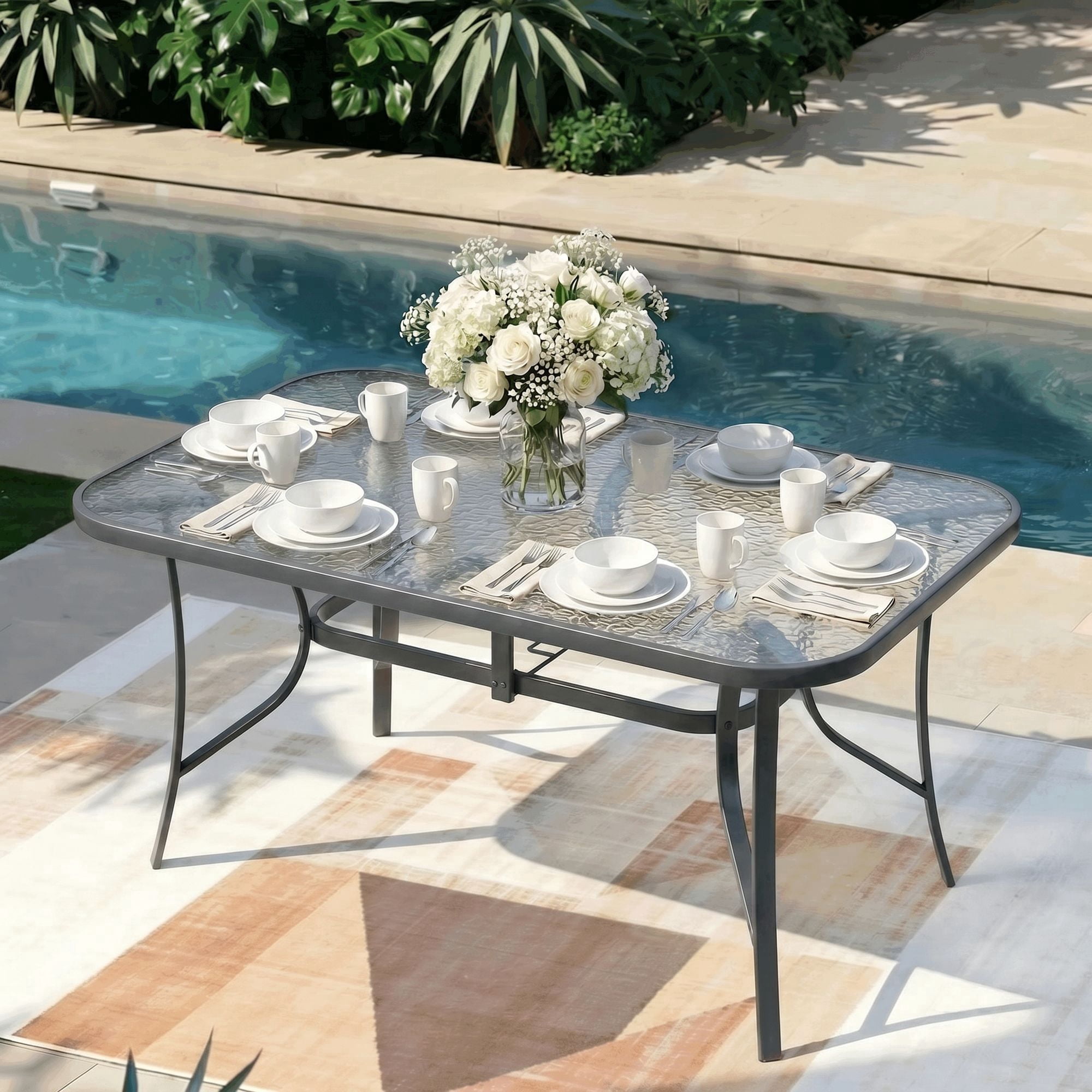 glass top patio table with umbrella Flash Furniture Tory Commercial Grade Tempered with Hole and Steel Tube Frame, Clear Top/Silver Frame The tilt angle of the umbrella can be adjusted Costway 32'' Patio Square Table