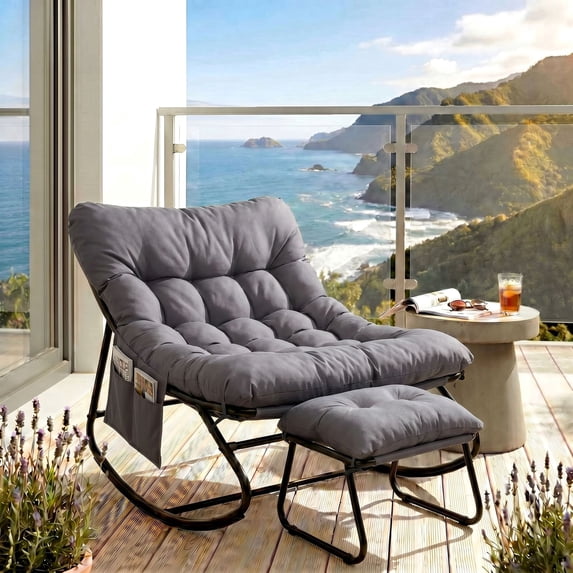 Pirecart Outdoor Papasan Chair, Rocking Chair with Cushion & Ottoman, Metal Patio Rocker for Balcony, Garden, Dark Gray