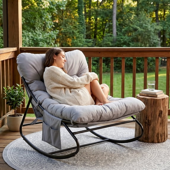 Pirecart Outdoor Papasan Rocking Chair, Lounge Chair with Cushion & Side Pocket, Metal Frame, Patio Rocker Chair for Balcony Backyard, Gray