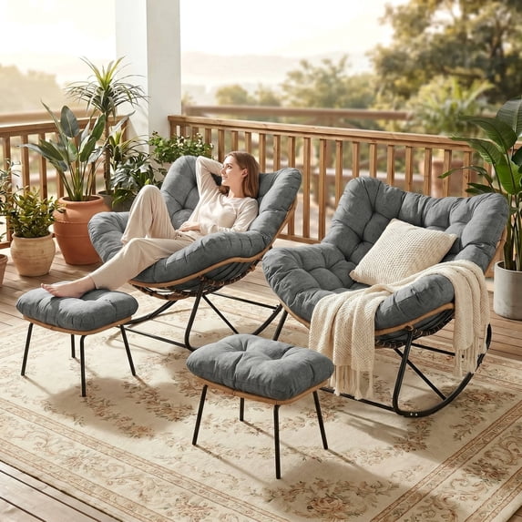 Pirecart Outdoor Papasan Rocking Chair Set of 2 with Ottoman, Patio Lounge Chair with Comfy Cushion, Dark Gray