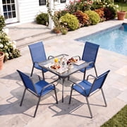 Pirecart Outdoor Table Furniture Set Patio Dining Table Set with 4 Stackable Textilene Chairs, Dark Blue（Umbrella Not Included）