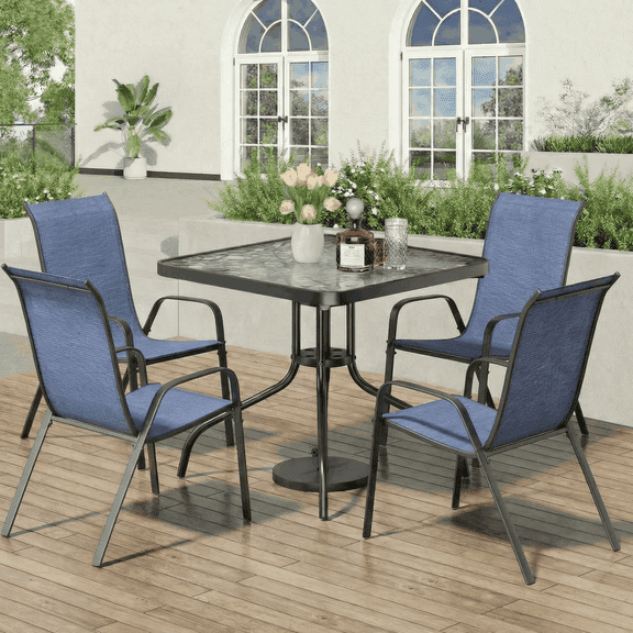 Pirecart Outdoor Table Furniture Set Patio Dining Table Set with 4 Stackable Textilene Chairs, Dark Blue