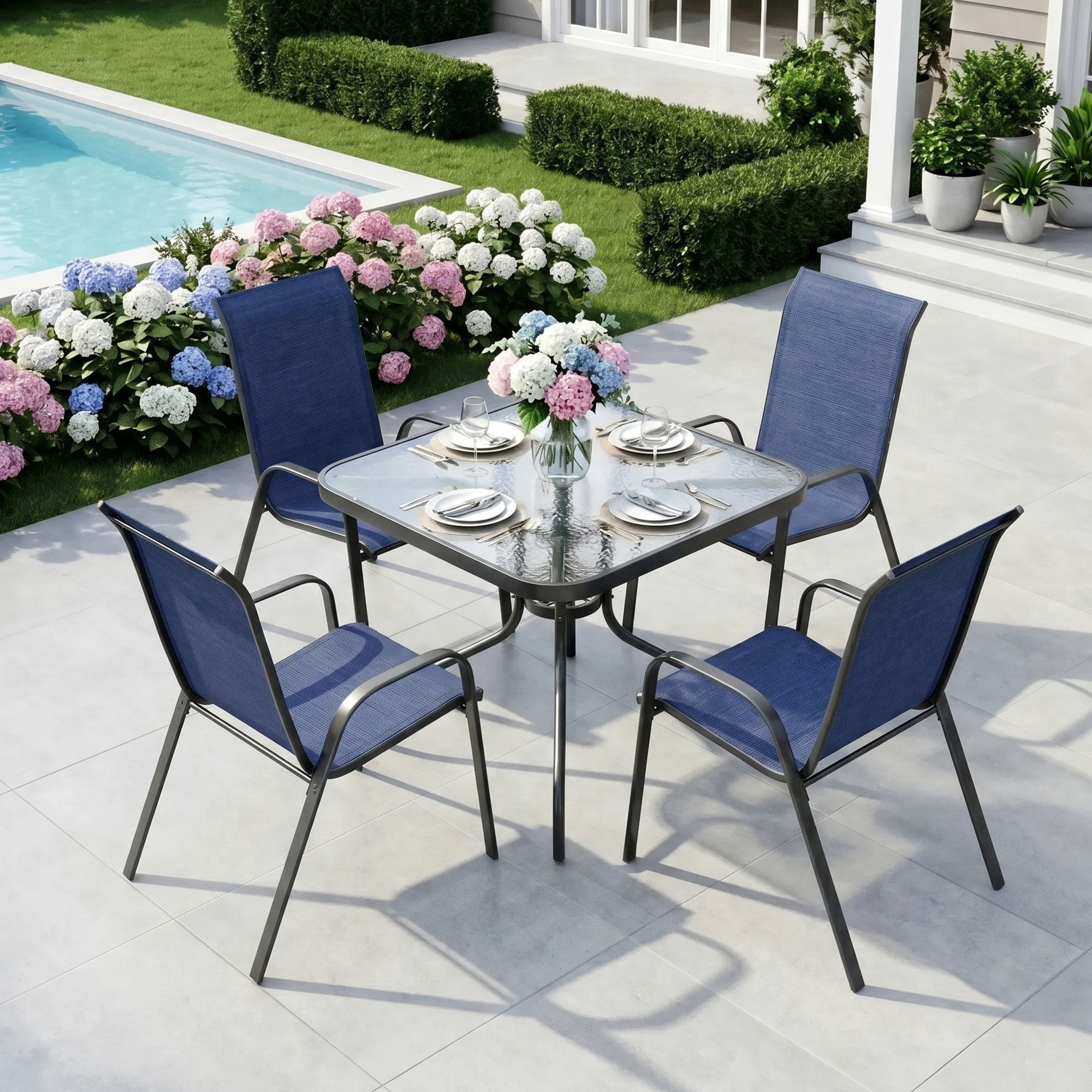 Pirecart Outdoor Table Furniture Set Patio Dining Table Set with 4 Stackable Textilene Chairs, Dark Blue