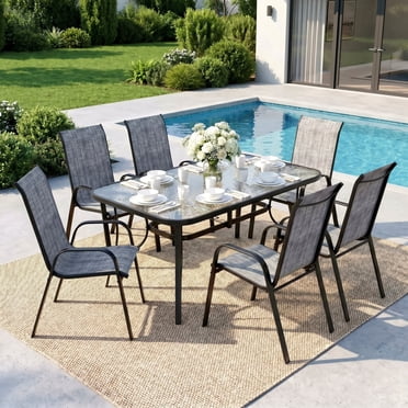 Pirecart Patio Dining Set of 7, Textilene Patio Furniture Set Suitable for All Weather with Umbrella Hole, for Backyard Poolside, Gray
