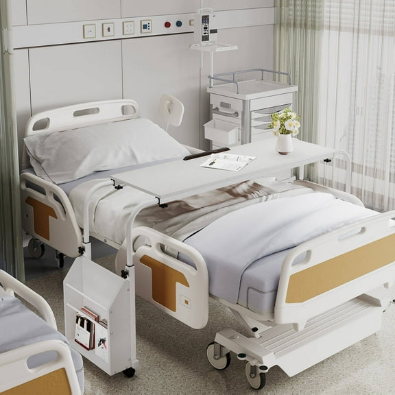 Pirecart Overbed Table with Wheels, Height Adjustable Overbed Desk Standing Workstation Laptop Cart, White