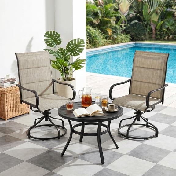 Pirecart Padded Patio Swivel Chairs Set of 2, Outdoor 360° Dining Chairs W/ Metal Frame & Armrest, High Back Textilene Patio Dining Chairs, Brown