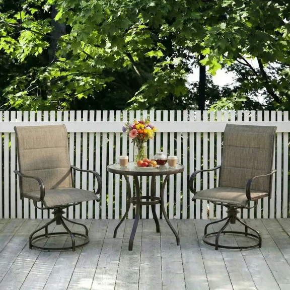 Pirecart Padded Patio Swivel Chairs Set of 2, Outdoor 360° Dining Chairs W/ Metal Frame & Armrest, High Back Textilene Patio Dining Chairs, Brown