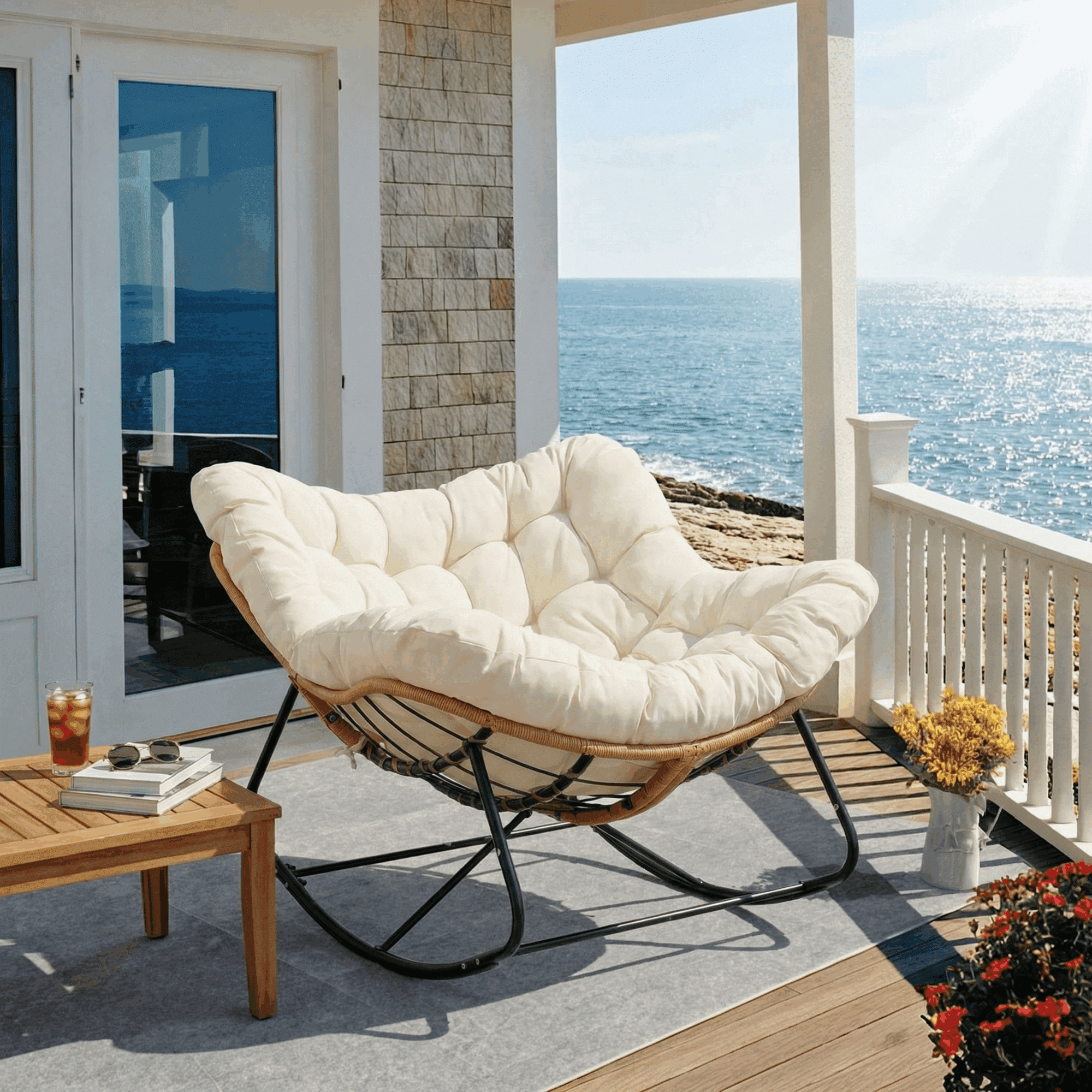 Pirecart Papasan Rocking Chair, Indoor Outdoor Comfy Papasan Chair, Wicker Egg Lounge Chair, Oversized Rocking Chair with Cushion for Living Room/Porch/Garden, Beige
