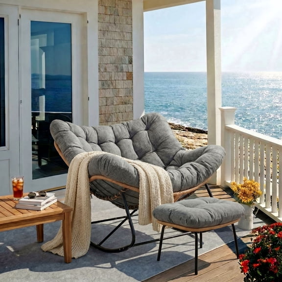 Pirecart Papasan Rocking Chair with Ottoman, Large Indoor / Outdoor Rocking Recliner, Oversized Padded Lounge Rocker with Cushion, Wicker Egg Lounge Chair, Dark Gray
