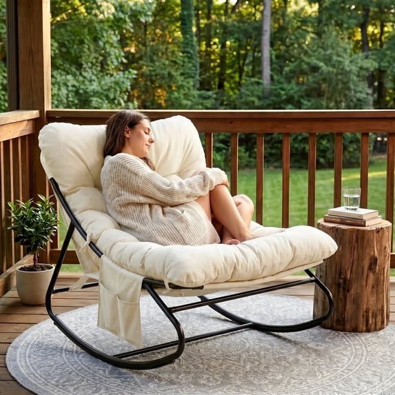 Pirecart Papasan Rocking Chair, Outdoor Comfy Papasan Chair with Cushion & Sturdy Metal Frame, Patio Rocker Chair with Side Pocket, Beige