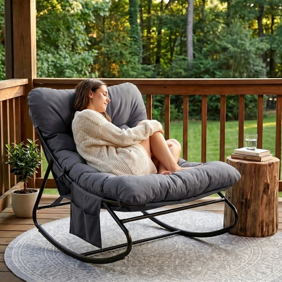 Pirecart Papasan Rocking Chair with Side Pocket, Comfy Lounge Chair with Cushion & Sturdy Metal Frame, Patio Rocker Chair for Balcony Backyard, Dark Gary