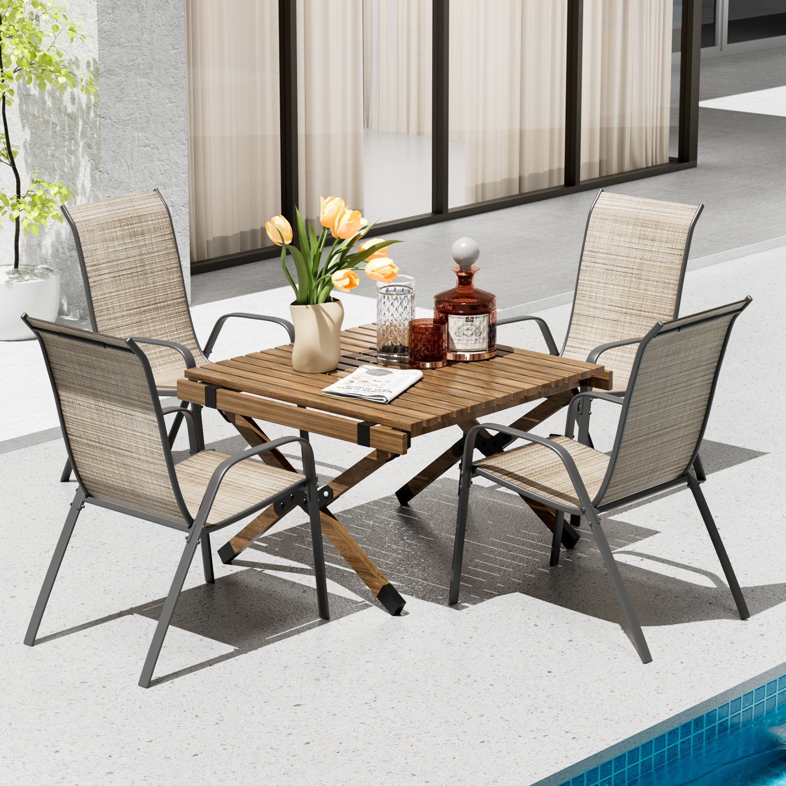 Melisa Brown and Gray Textilene Stackable Outdoor Dining Chairs with Metal Frame, Set of 4