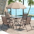 thumbnail image 1 of Pirecart Patio Dining Set of 6, Outdoor Table and Chairs Set with 65″ Umbrella, 31.5″ Round Glass Table & 4 Folding Textilene Chairs, Outdoor Dining Set, Brown, 1 of 9