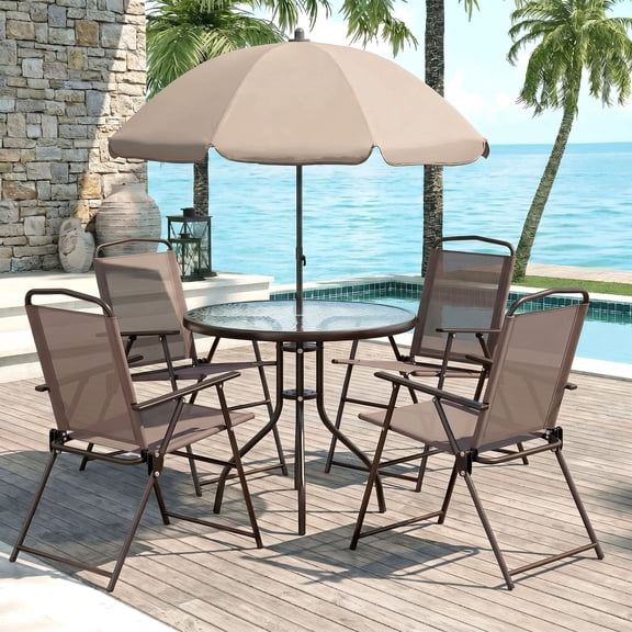Pirecart Patio Dining Set of 6, Outdoor Table and Chairs Set with 65″ Umbrella, 31.5″ Round Glass Table & 4 Folding Textilene Chairs, Outdoor Dining Set, Brown