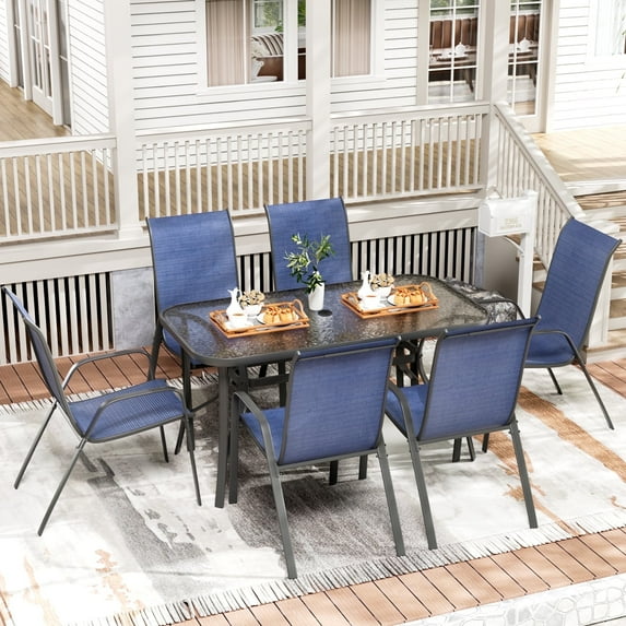Pirecart Patio Dining Set of 7, Outdoor Table and Chairs with Umbrella Hole, All Weather Patio Furniture Set, for Lawn, Deck, Garden, Royal Blue