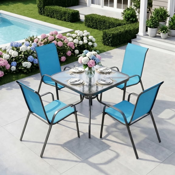 Pirecart Patio Dining Set of 5, Outdoor Furniture Set with 4 Stackable Textilene Armchairs & Square Table, Light Blue