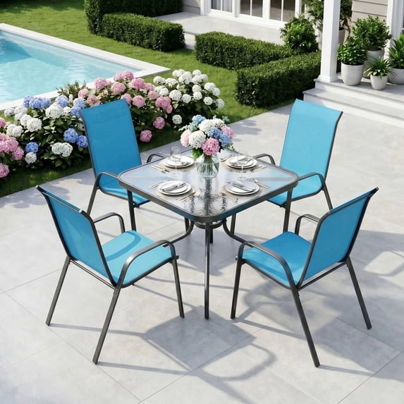 Pirecart Patio Dining Set of 5, Outdoor Furniture Set with 4 Stackable Textilene Armchairs & Square Table, Light Blue