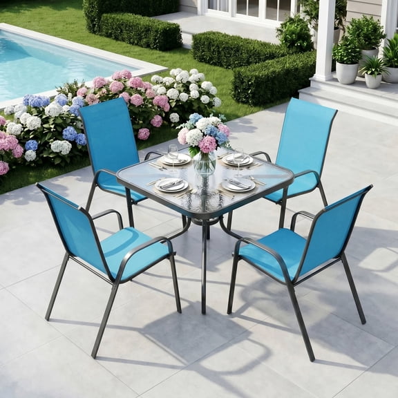 Pirecart Patio Dining Set of 5, Outdoor Furniture Set with 4 Stackable Textilene Armchairs & Square Table, Light Blue