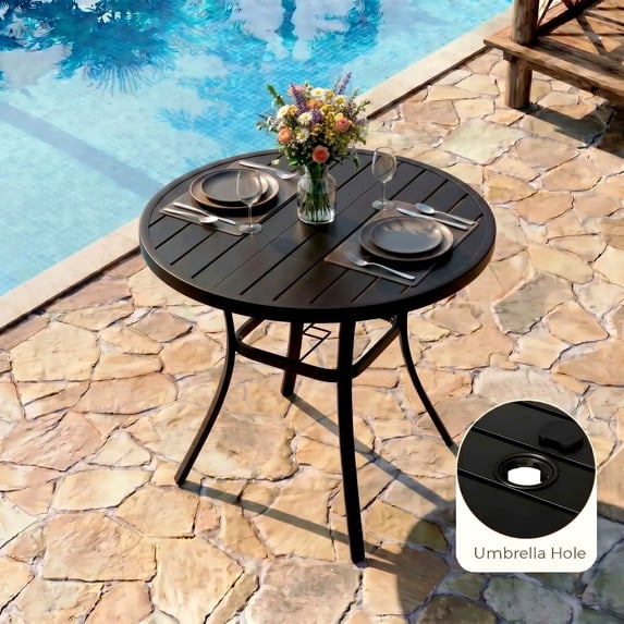 Pirecart Patio Dining Table, 41.1" Outdoor Patio Round Dining Table for 2-4, Patio Table with Adjustable Umbrella Hole, Metal Steel Frame & Non-Rust E-coating, All Weather for Backyard Poolside