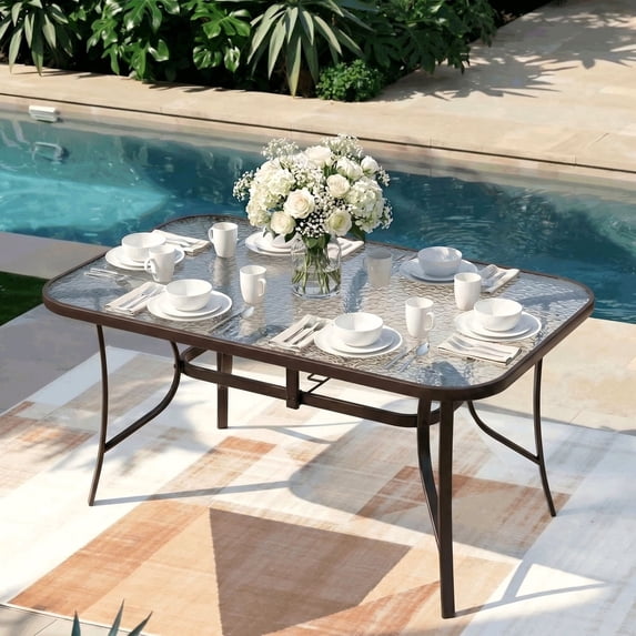 Pirecart Patio Dining Table, Outdoor Glass Dining Table with Umbrella Hole, Rectangular Glass Patio Table for Outside, Garden, Balcony, Brown