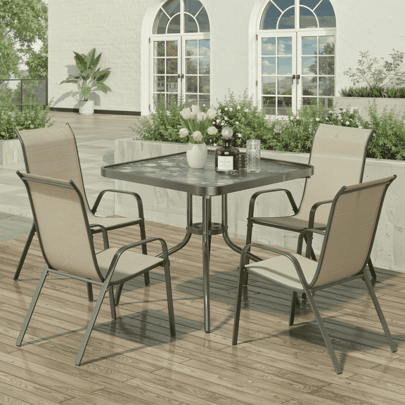 Pirecart Patio Dining Table and Chairs Set, Outdoor Dining Table with 4 Stackable Textilene Chairs for Patio, Lawn, Garden (Umbrella Not Included)