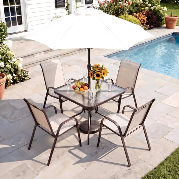Pirecart Patio Dining Table and Chairs Set, Outdoor Dining Table with 4 Stackable Textilene Chairs for Patio, Lawn, Garden (Umbrella Not Included)