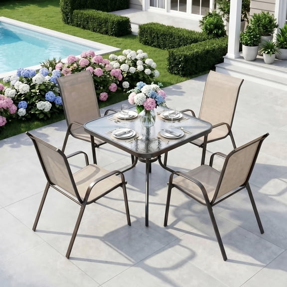 Pirecart Patio Dining Table and Chairs Set, Outdoor Dining Table with 4 Stackable Textilene Chairs for Patio, Lawn, Garden (Umbrella Not Included)