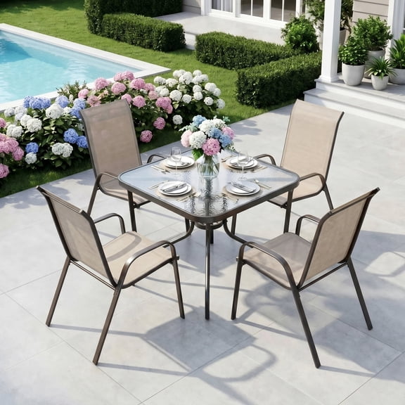 Pirecart Patio Dining Table and Chairs Set, Outdoor Dining Table with 4 Stackable Textilene Chairs for Patio, Lawn, Garden (Umbrella Not Included)