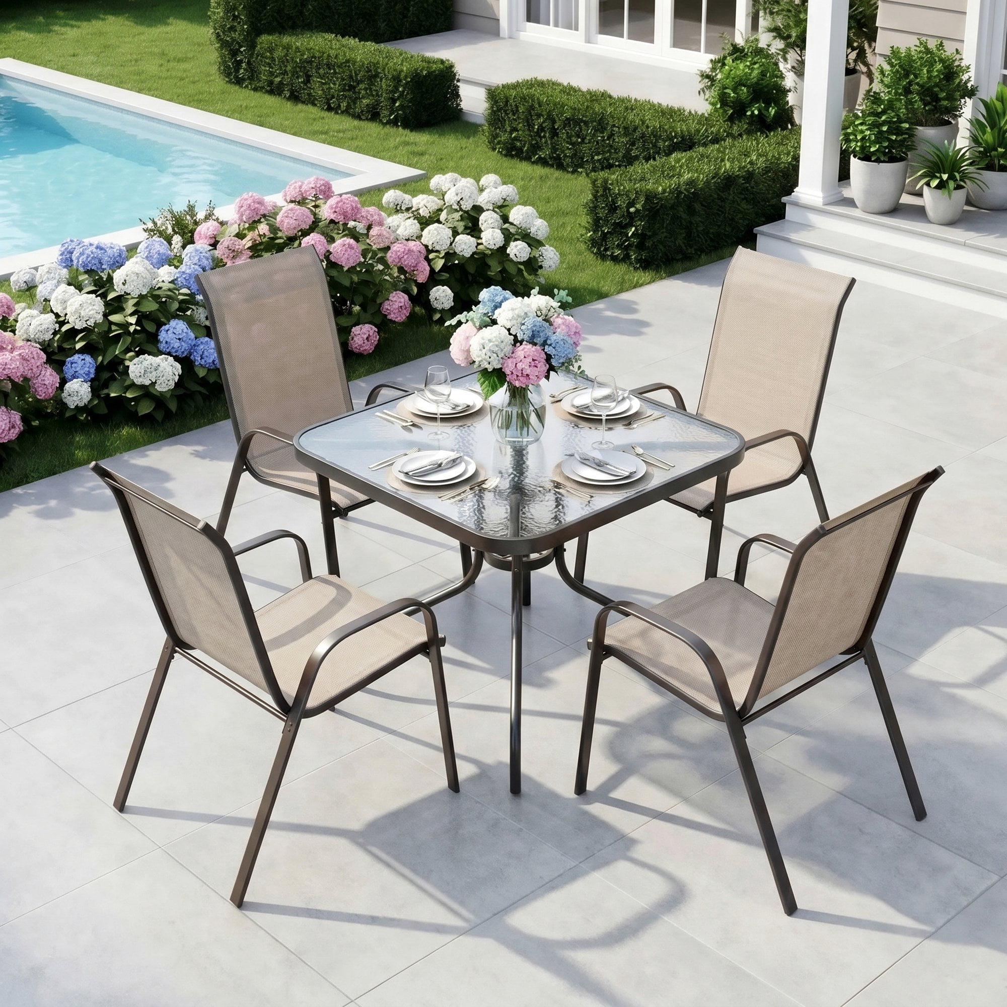 Pirecart Patio Dining Table and Chairs Set, Outdoor Dining Table with 4 Stackable Textilene Chairs for Patio, Lawn, Garden (Umbrella Not Included)