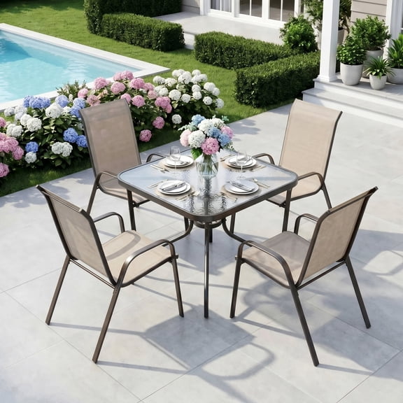 Pirecart Patio Dining Table and Chairs Set, Outdoor Dining Table with 4 Stackable Textilene Chairs for Patio, Lawn, Garden (Umbrella Not Included)