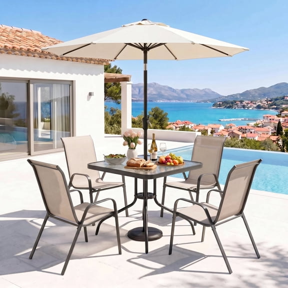 Pirecart Patio Dining Table and Chairs Set, Outdoor Dining Table with 4 Stackable Textilene Chairs for Patio, Lawn, Garden (Umbrella Not Included)