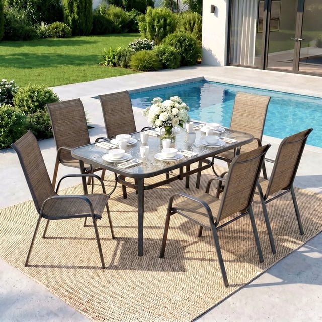 Pirecart Patio Dining Set of 7, Patio Table and Chairs set with Umbrella Hole, Widened Table and 6 Stackable Textilene Chair, for Lawn, Deck, Poolside, Backyard, Brown