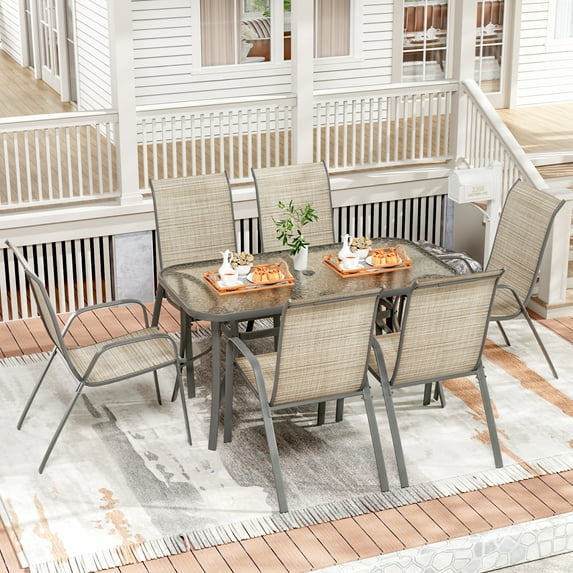 Pirecart Patio Furniture Set of 7, Patio Table and Chairs with Umbrella Hole, Widened Table and 6 Stackable Textilene Chair, for Lawn, Deck, Poolside, Backyard, Brown