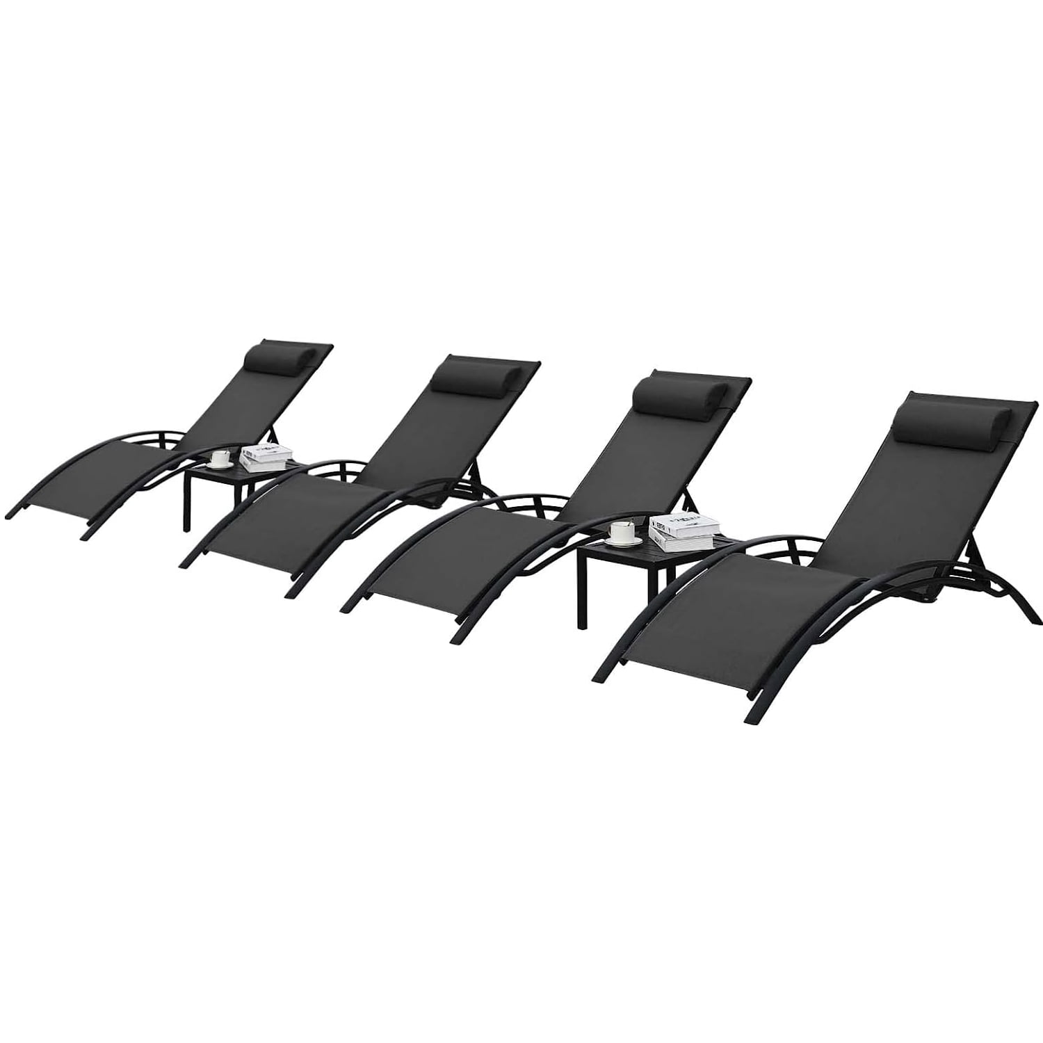 Pirecart Patio Lounge Chairs Set Outdoor Pool Recliner W/ 4 Chairs and 2 Side Tables, Black