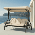 thumbnail image 1 of Pirecart Patio Porch Swing, 3 Seat Porch Swing with Stand and Adjustable Canopy, Outdoor Swing with Cup Holder & 180° Reclining Chair Back for Yard Garden Deck, 750 LBS, Beige, 1 of 11
