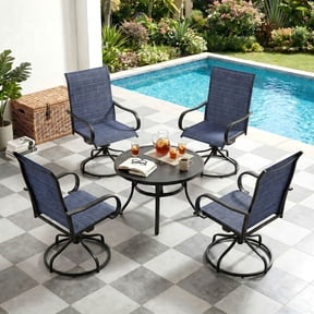 Pirecart Patio Swivel Chairs Set of 4, 360° Outdoor Dining Chairs with Steel Frame & Textilene Fabric, High Back Patio Dining Chairs with Ergonomic Armrest for Lawn, Garden, Deck, Dark Blue