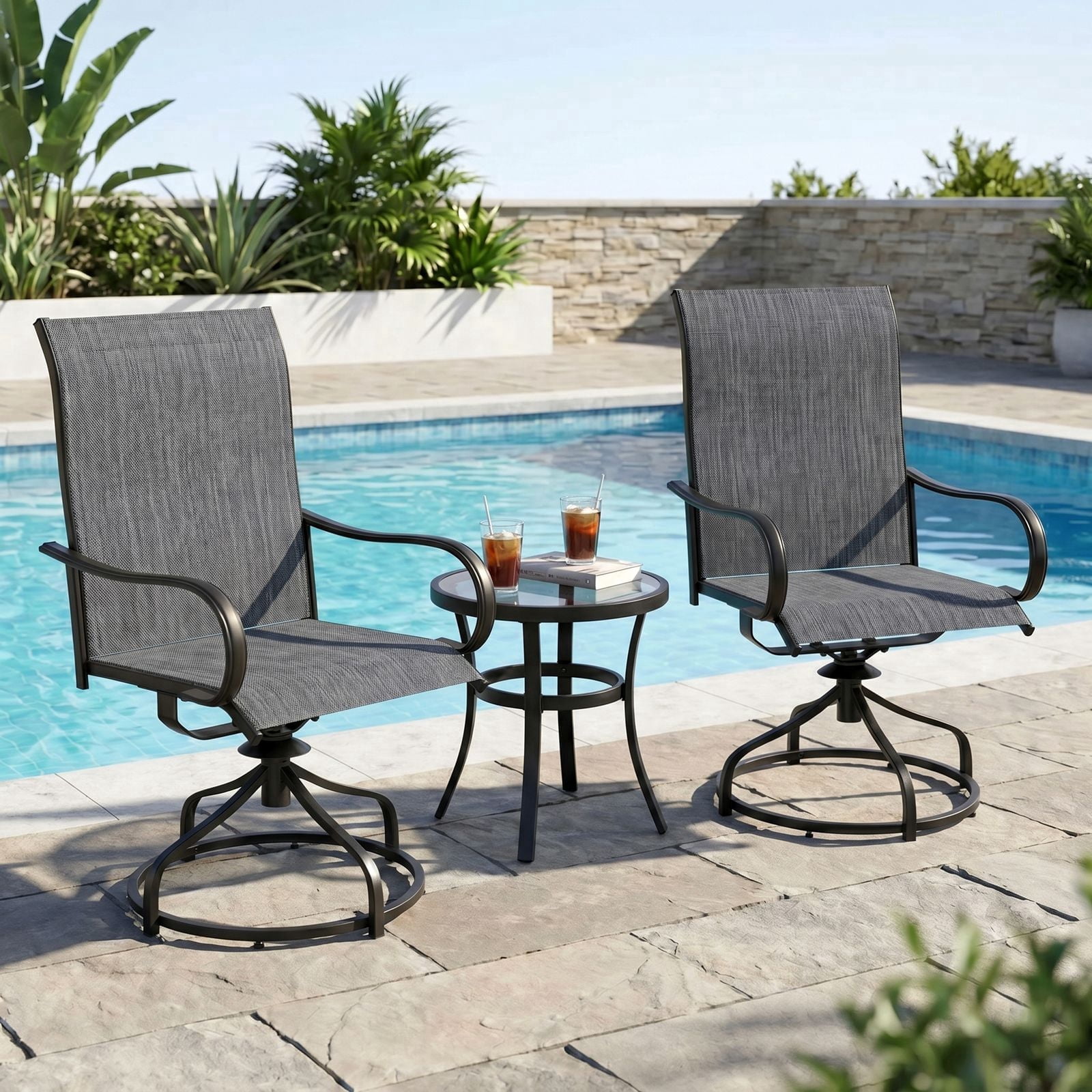 Pirecart Patio Swivel Chairs Set of 2, 360° Textilene Outdoor Dining Chairs W/ High Back & Ergonomic Armrest, Gray