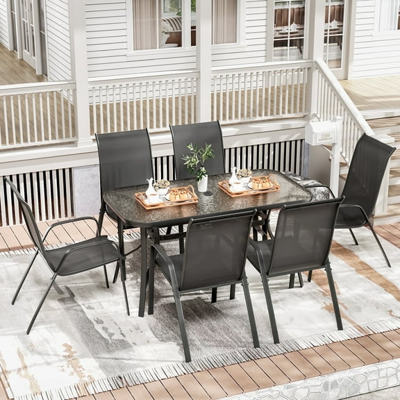 Pirecart Patio Table and Chairs, Outdoor Furniture Set of 7 with Widened Table and Umbrella Hole, All Weather Patio Dinng Set for Garden, Backyard, Poolside, Black