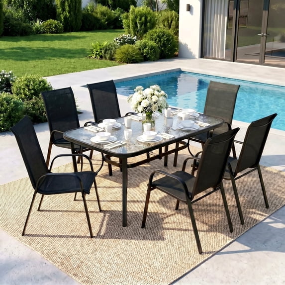 Pirecart Patio Dining set, Outdoor Furniture Set of 7 with Widened Table and Umbrella Hole, All Weather Patio Dinng Set for Garden, Backyard, Poolside, Black