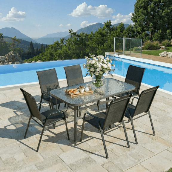 Pirecart Patio Table and Chairs, Outdoor Furniture Set of 7 with Widened Table and Umbrella Hole, All Weather Patio Dinng Set for Garden, Backyard, Poolside, Black