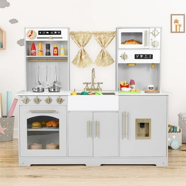 Pirecart Play Kitchen for Kids, Children Wooden Toy Kitchen Set w/ Lights and Sounds, Curtain, Utensils, Sink, Microwave, Gift for Boys Girls Age 3-10